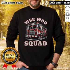 Funny firefighter family sweatshirt featuring the Top Wee Woo Squad design with a vibrant fire truck illustration.