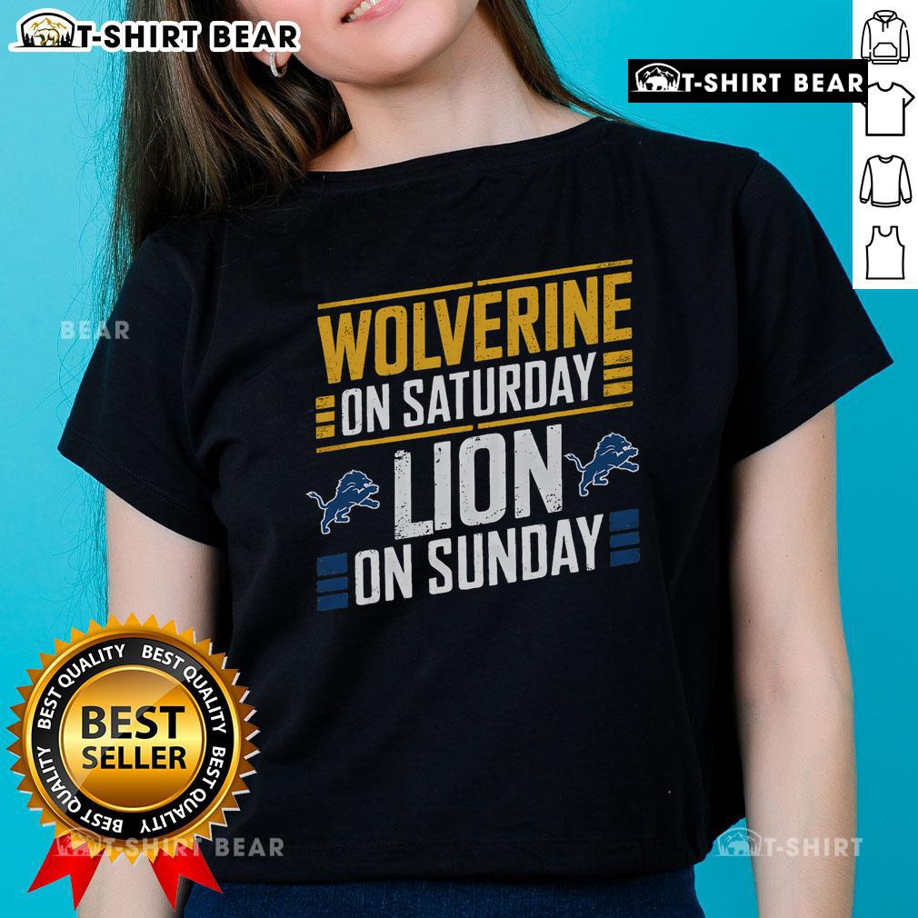 Top Wolverine on Saturday, Lion on Sunday ladies tee featuring vibrant graphics and comfortable fit for casual wear.
