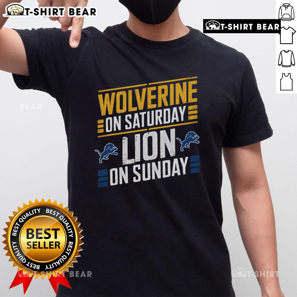 Top Wolverine On Saturday Lion On Sunday T-Shirt featuring vibrant graphics of Wolverine and a lion, perfect for casual wear.