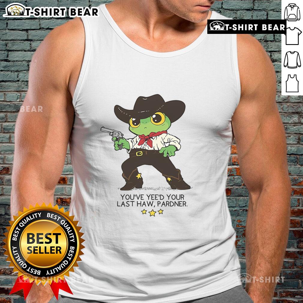 Awesome frog graphic on a humorous 'You've Yeed Your Last Haw Pardner' tank top, perfect for quirky fashion lovers.