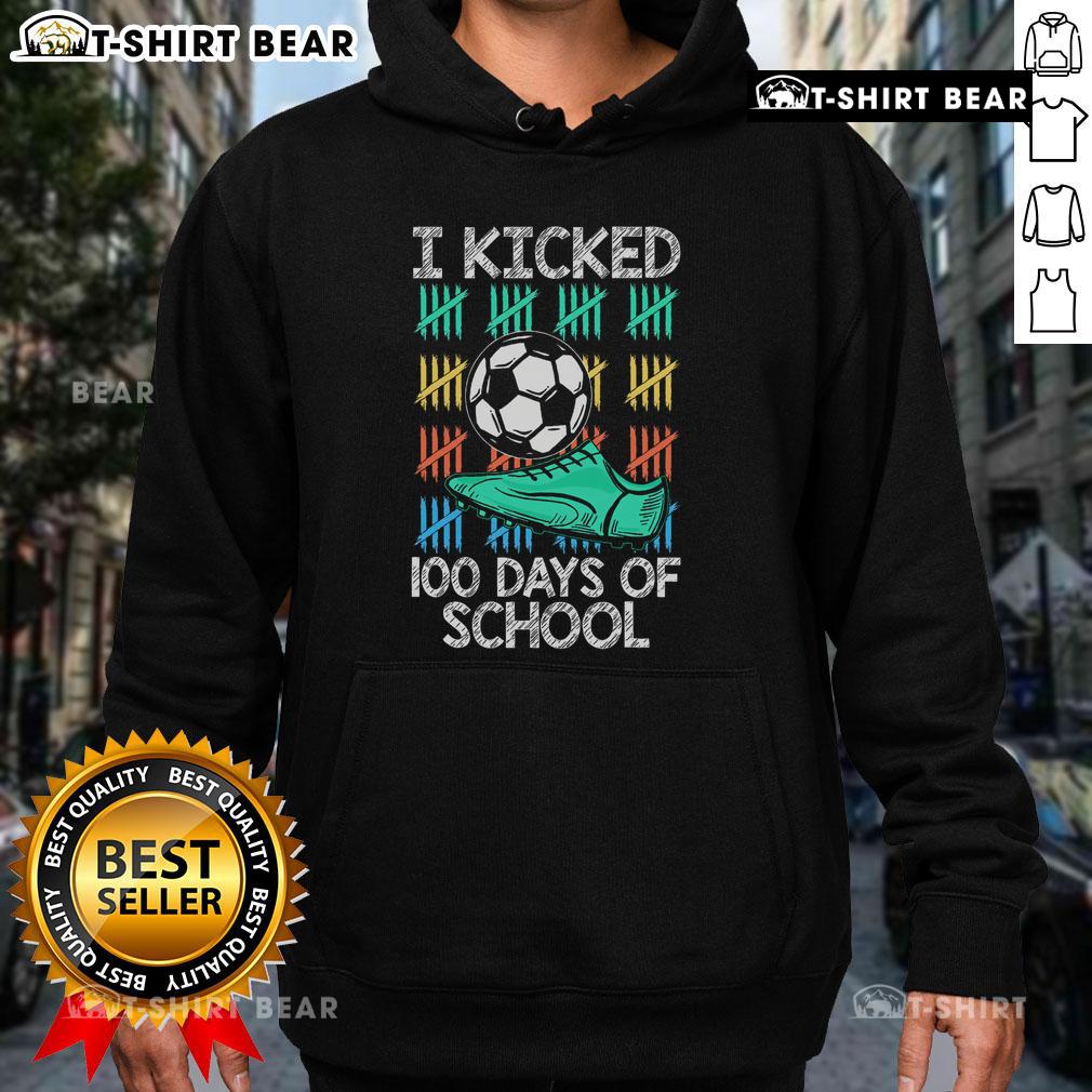 Excited soccer player wearing '100 Days of School' hoodie, celebrating 100 days with sports and school spirit.
