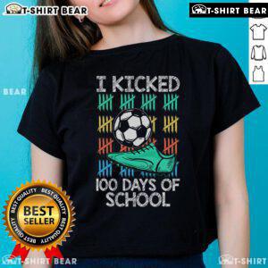 Soccer player celebrating 100 days of school in a stylish ladies tee, perfect for sports enthusiasts and school events.