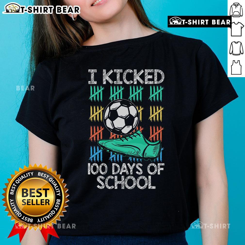 Soccer player celebrating 100 days of school in a stylish ladies tee, perfect for sports enthusiasts and school events.