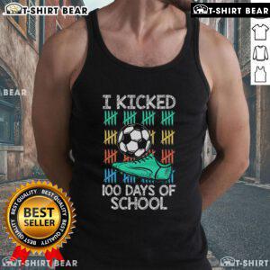 Soccer player wearing '100 Days of School' tank top, celebrating 100th day in sports with a soccer ball on the field.