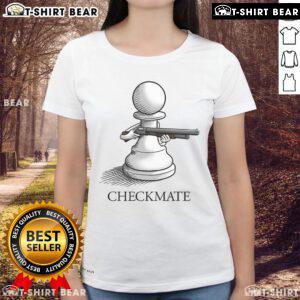 Awesome Pawn Shotgun Checkmate Ladies Tee featuring a stylish chess and weapon design for gamers and chess enthusiasts.