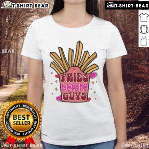 Funny Fries Before Guys graphic on a Valentine's Day ladies tee featuring cute potato illustrations.
