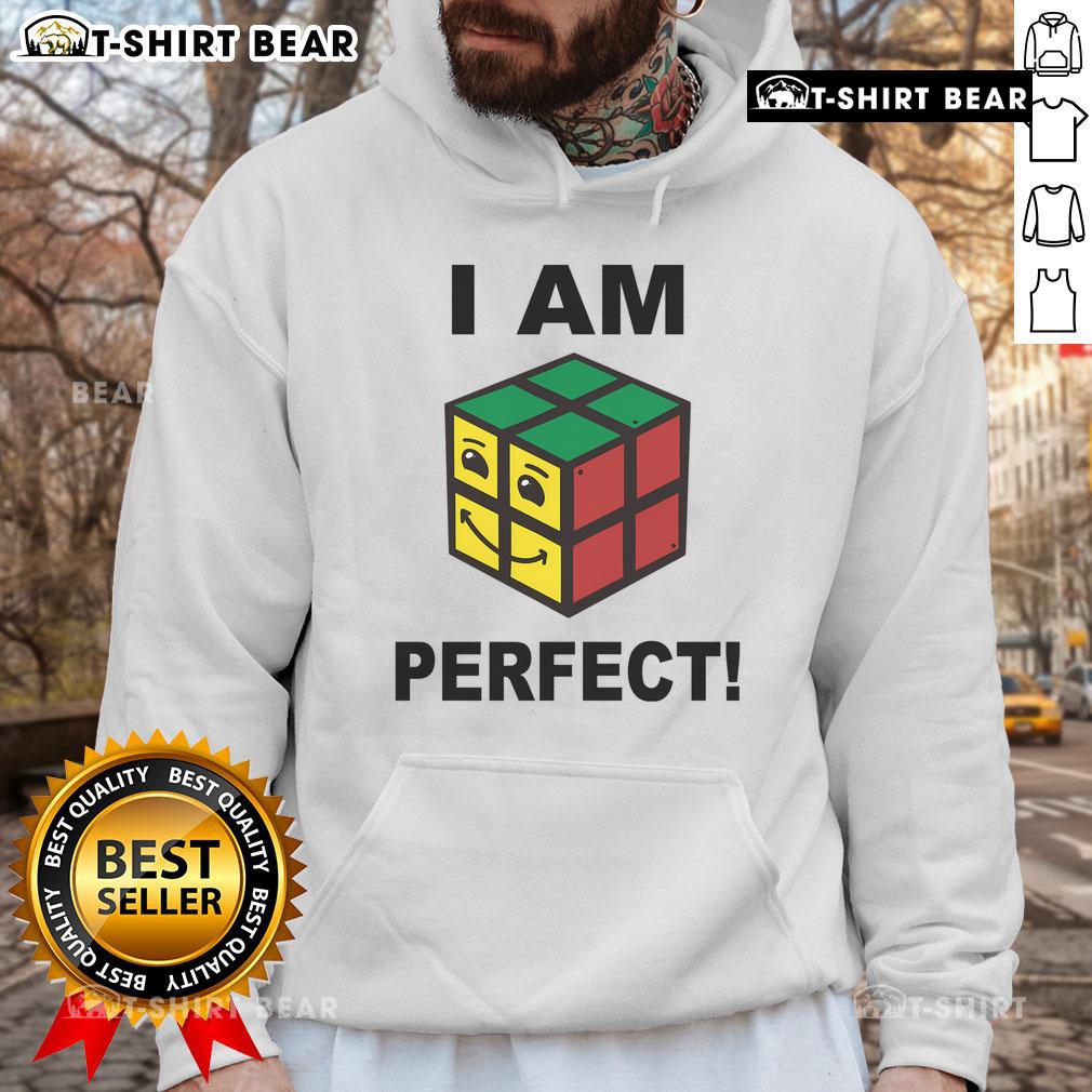 Funny 'I Am Perfect' Rubik's Cube retro hoodie design featuring vibrant colors and playful graphics for puzzle lovers.