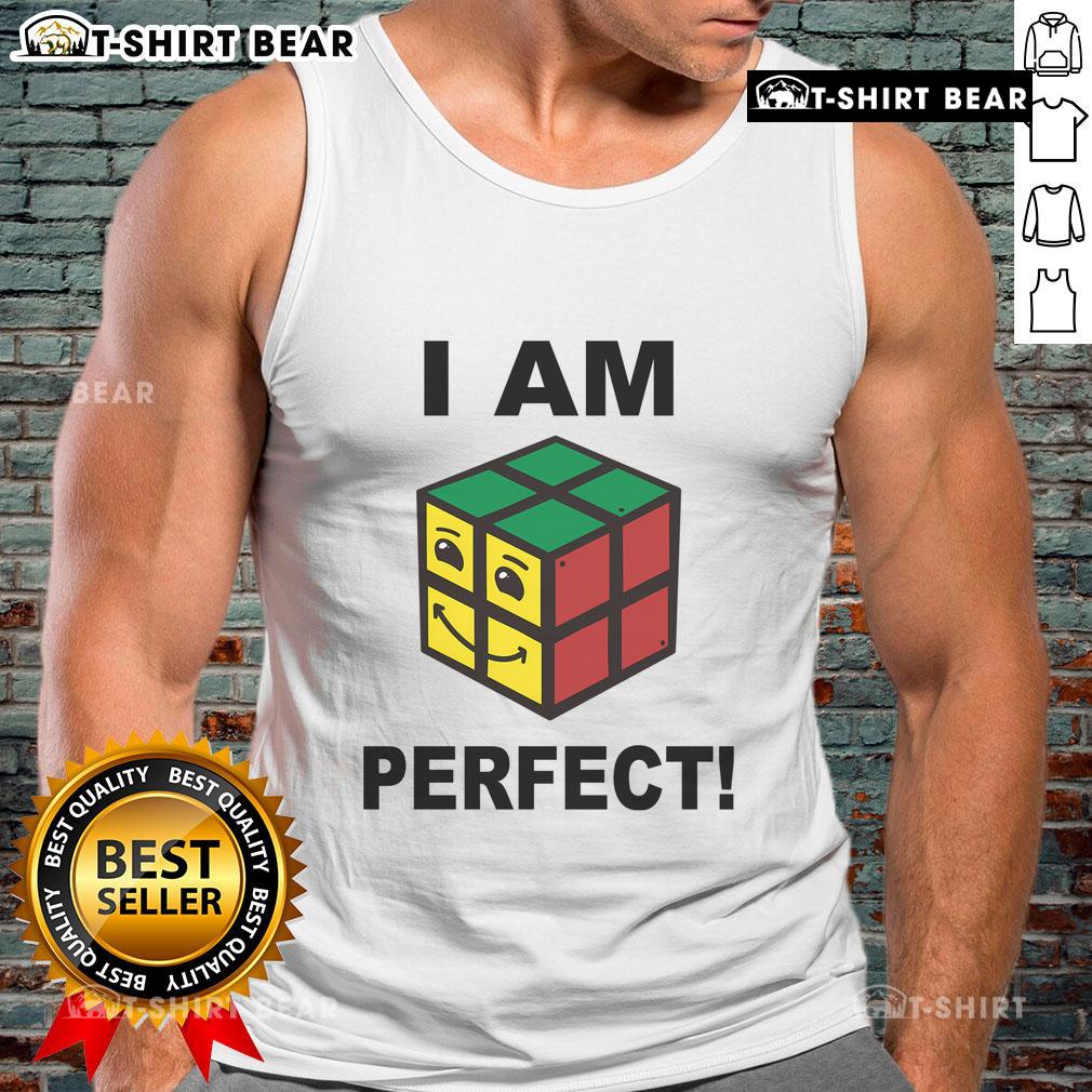 Funny I Am Perfect Rubik's Cube retro tank top design featuring a colorful cube graphic and humorous text.