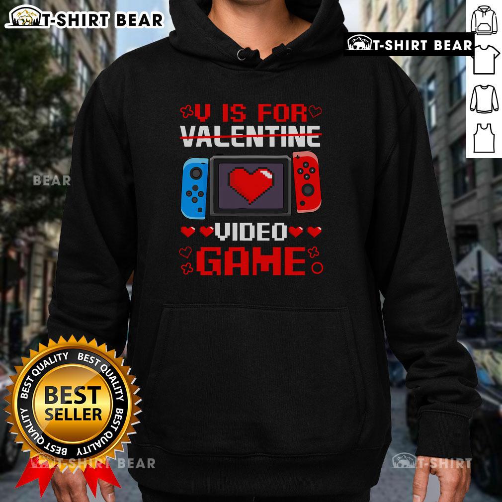 Funny 'V Is For Video Games' Valentine's Day Gamer Hoodie for gamers, featuring playful graphics and a cozy fit.
