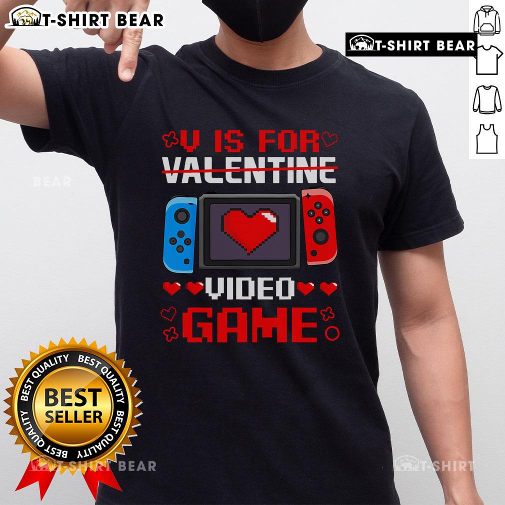 Funny V Is For Video Games Valentine's Day gamer T-shirt featuring playful graphics and a humorous design for gamers.