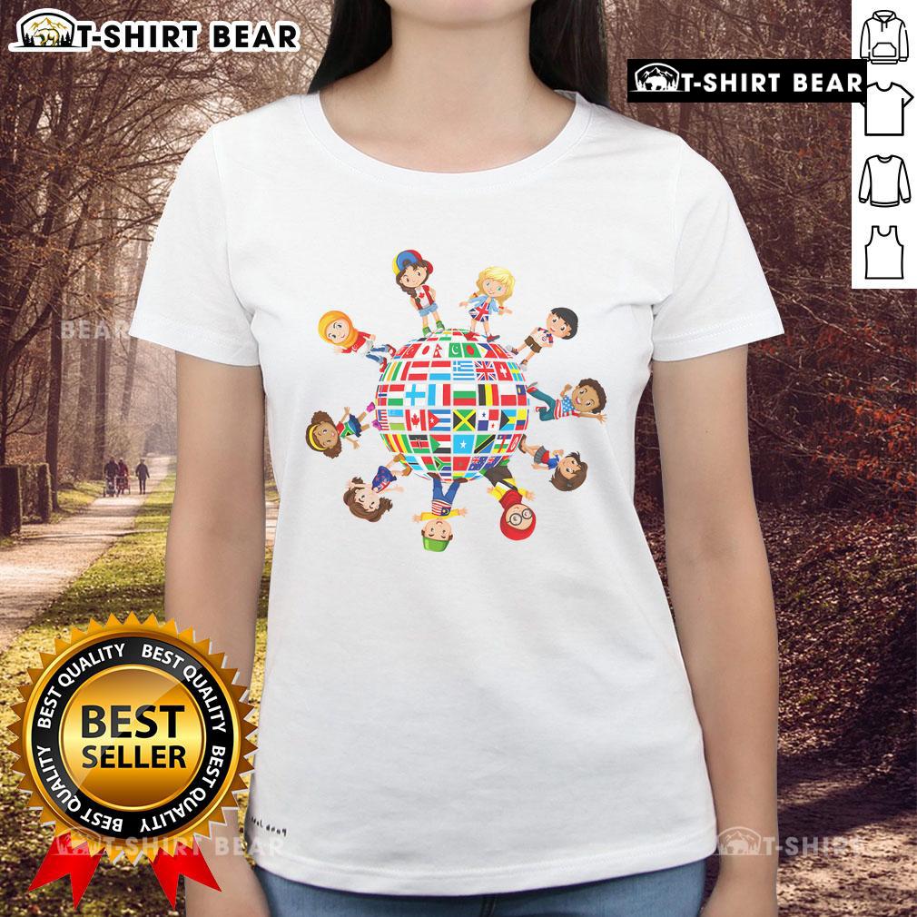 Alt Text: Good Around The Globe cultural diversity flags of the world ladies tee, showcasing vibrant international flags.