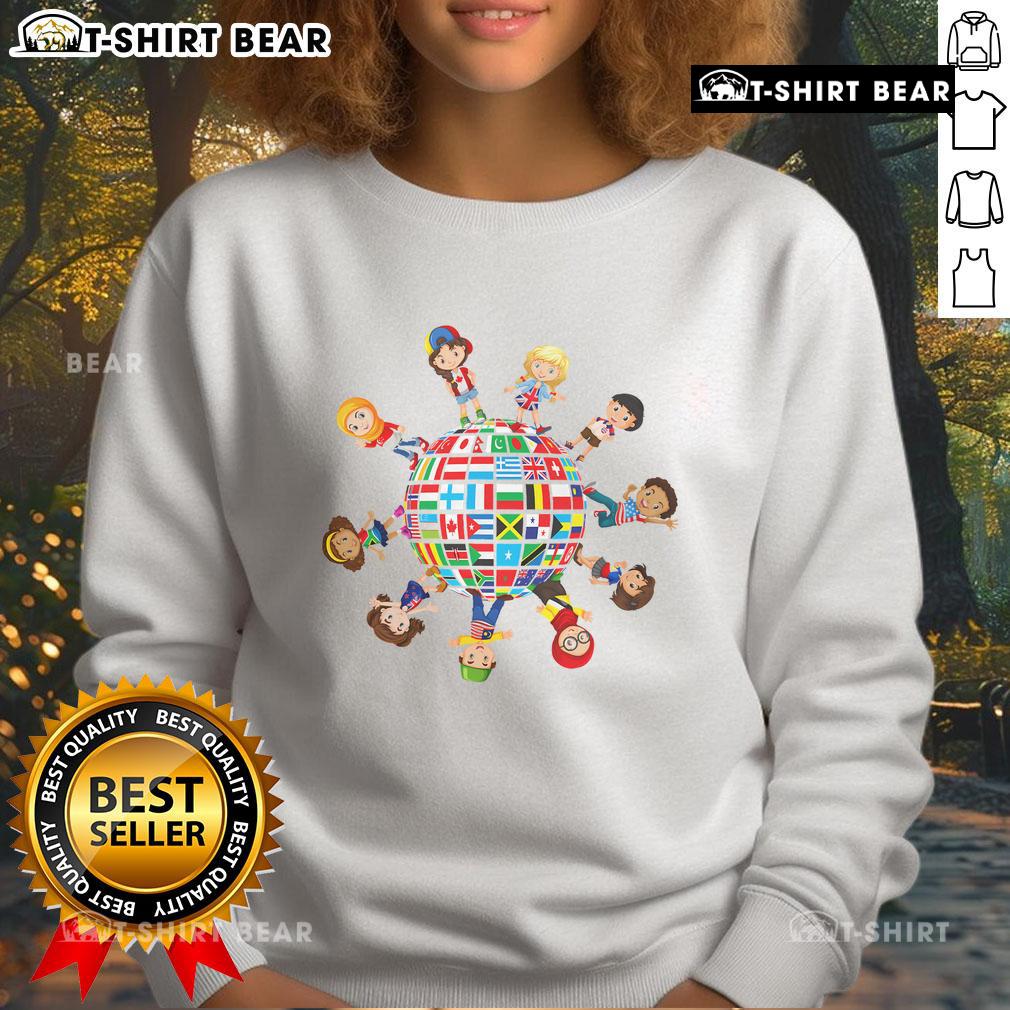 Good Around The Globe Cultural Diversity sweatshirt featuring flags of the world, celebrating global unity and inclusivity.