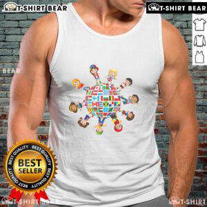 Good Around The Globe Cultural Diversity tank top featuring vibrant flags of the world representing unity and inclusivity.