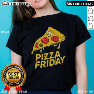 Good Pizza Friday for Pizza Lovers Ladies Tee featuring a fun pizza graphic, perfect for casual wear and pizza enthusiasts.