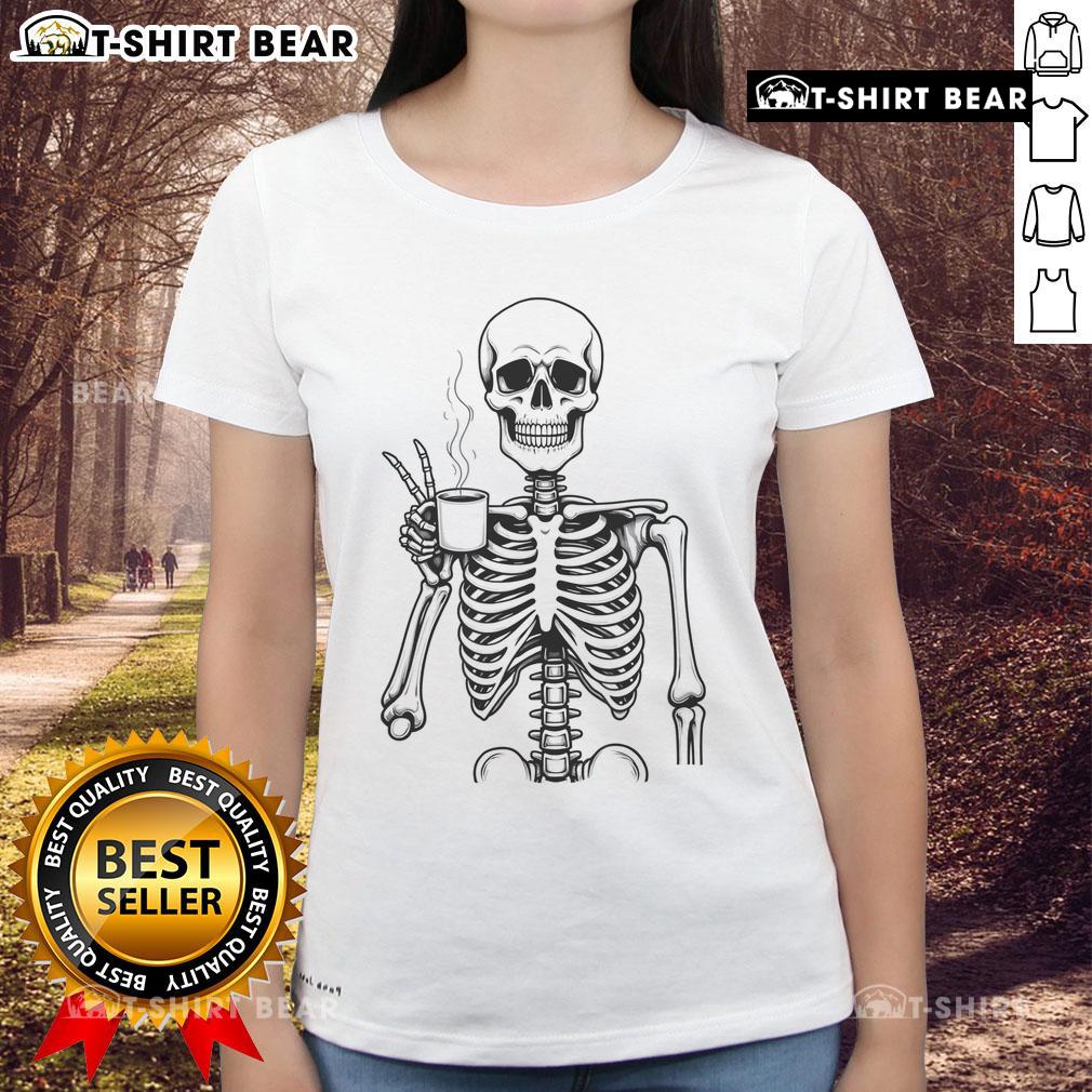 Good Skeleton Coffee Lover Ladies Tee featuring a playful skeleton design, perfect for coffee enthusiasts and Halloween fans.