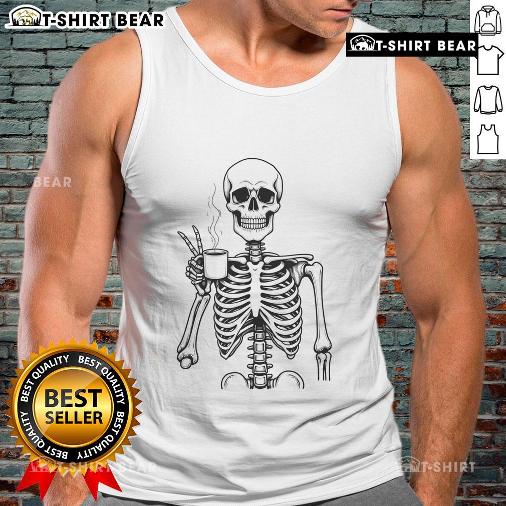 Good Skeleton Coffee Lover Tank Top featuring a playful skeleton design, perfect for coffee enthusiasts and Halloween fans.