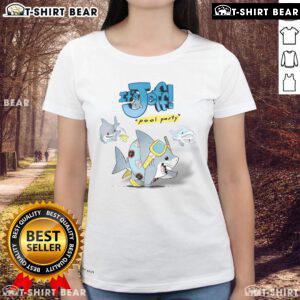 Funny sharks pool ladies tee featuring a vibrant design with 'Nice It's Jeff' text and playful shark graphics.
