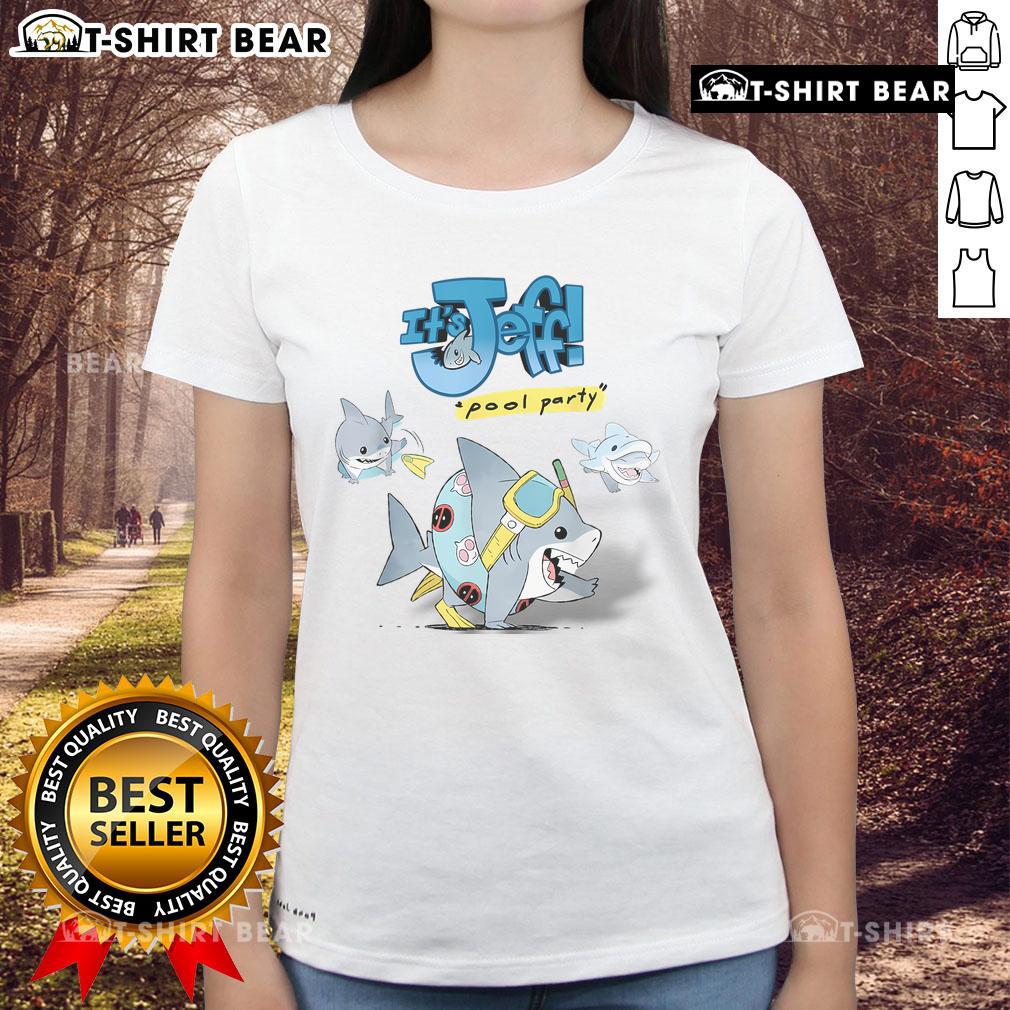 Funny sharks pool ladies tee featuring a vibrant design with 'Nice It's Jeff' text and playful shark graphics.