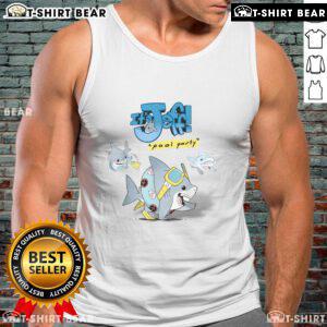 Funny sharks pool tank top featuring Jeff with vibrant shark vibes, perfect for summer fun and beachwear.