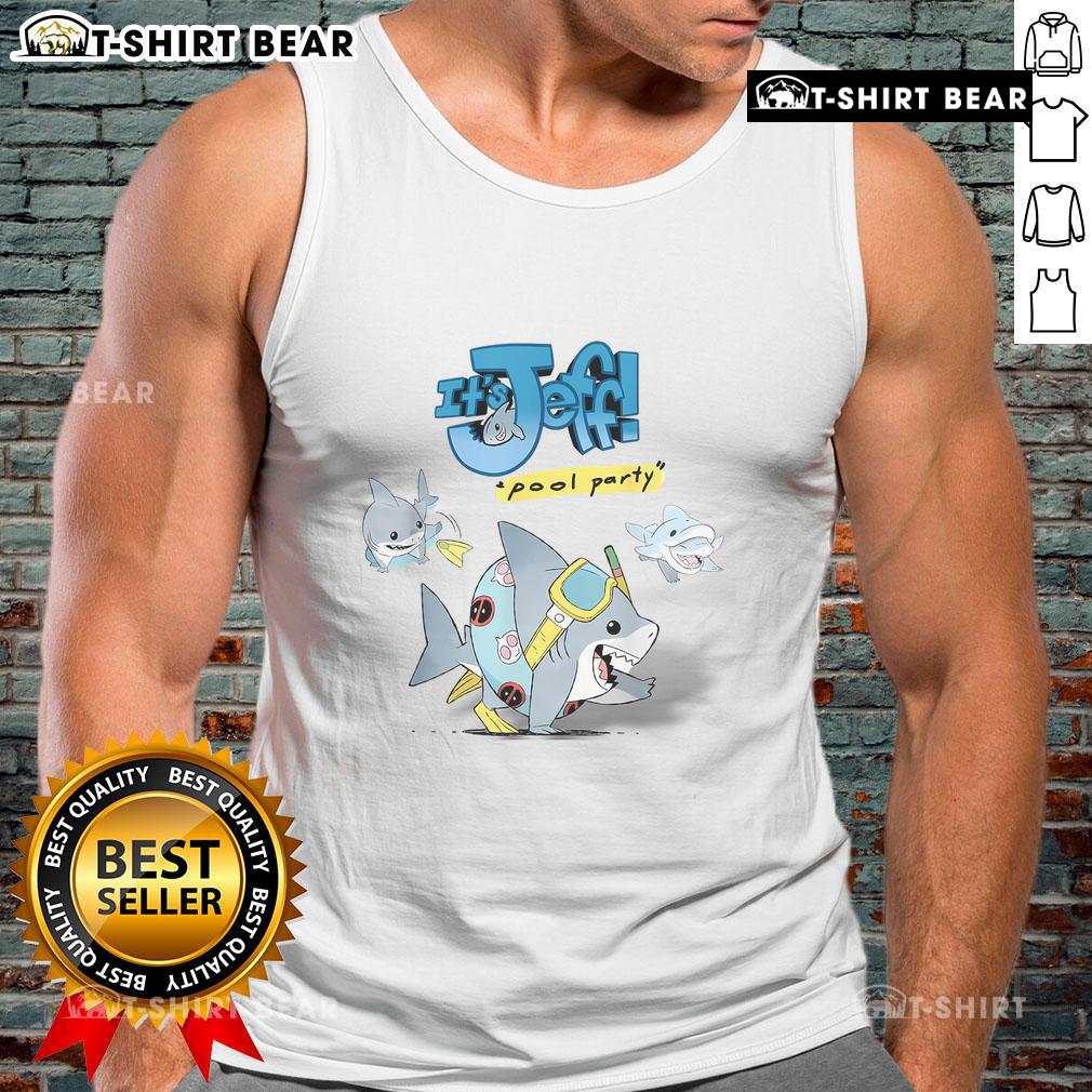 Funny sharks pool tank top featuring Jeff with vibrant shark vibes, perfect for summer fun and beachwear.