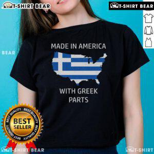 Nice Made in America with Greek Parts ladies tee showcasing Greece and USA pride in a stylish design.