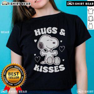 Nice Peanuts Snoopy Valentine's Day hugs and kisses ladies tee featuring a playful Snoopy design in vibrant colors.