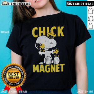 Nice Snoopy and Woodstock Chick Magnet ladies tee featuring a fun graphic design perfect for casual wear.