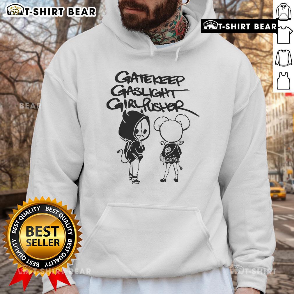 Official Gatekeep Gaslight Girl Pusher Music Bidness hoodie displayed on a model in a trendy urban setting.