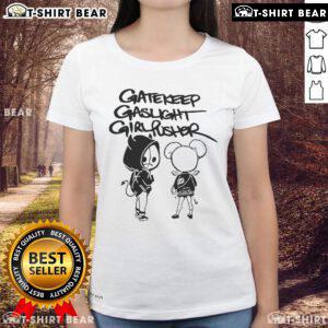 Official Gatekeep Gaslight Girl Pusher Music Bidness Ladies Tee featuring bold graphic design and stylish fit.