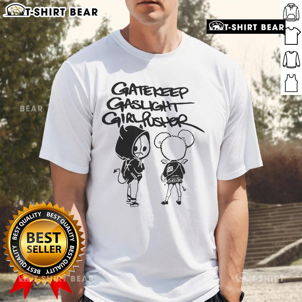 Official Gatekeep Gaslight Girl Pusher Music Bidness T-Shirt featuring bold graphic design and trendy style.
