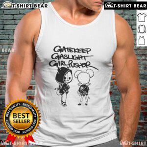 Official Gatekeep Gaslight Girl Pusher Music Bidness tank top featuring bold graphic design and vibrant colors.