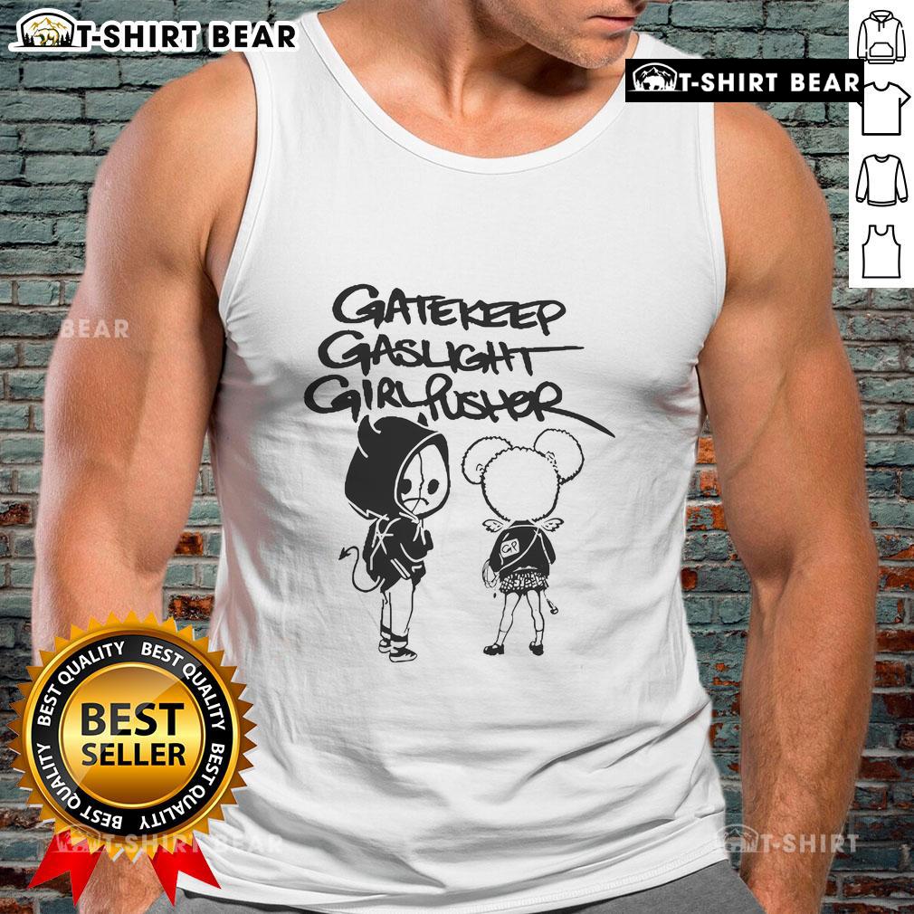 Official Gatekeep Gaslight Girl Pusher Music Bidness tank top featuring bold graphic design and vibrant colors.