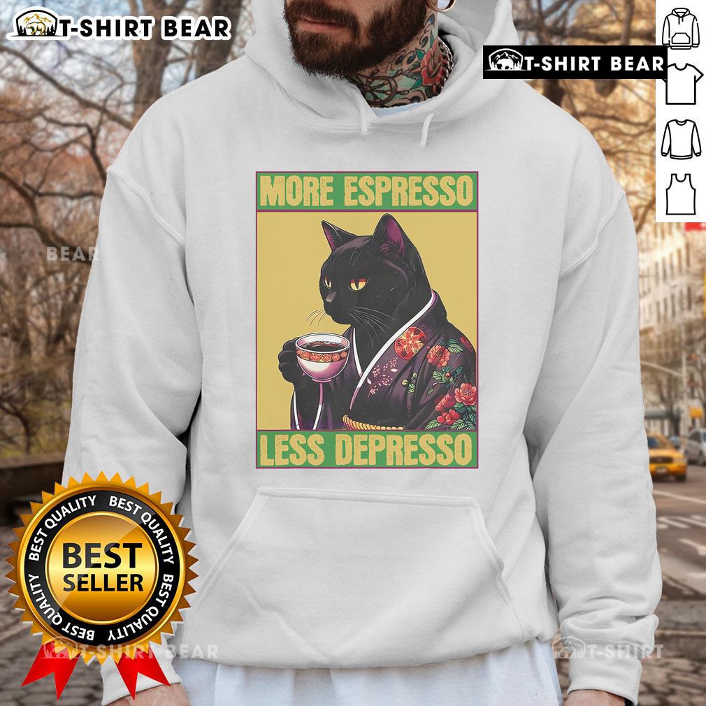 Pretty Cat hoodie featuring 'More Espresso Less Depresso' design, perfect for coffee lovers and cat enthusiasts.
