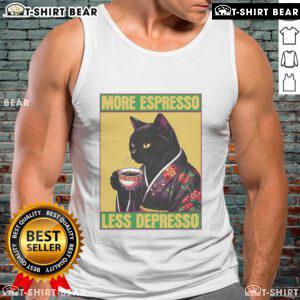 Cute cat graphic on a 'More Espresso Less Depresso' tank top, perfect for coffee lovers and casual wear.