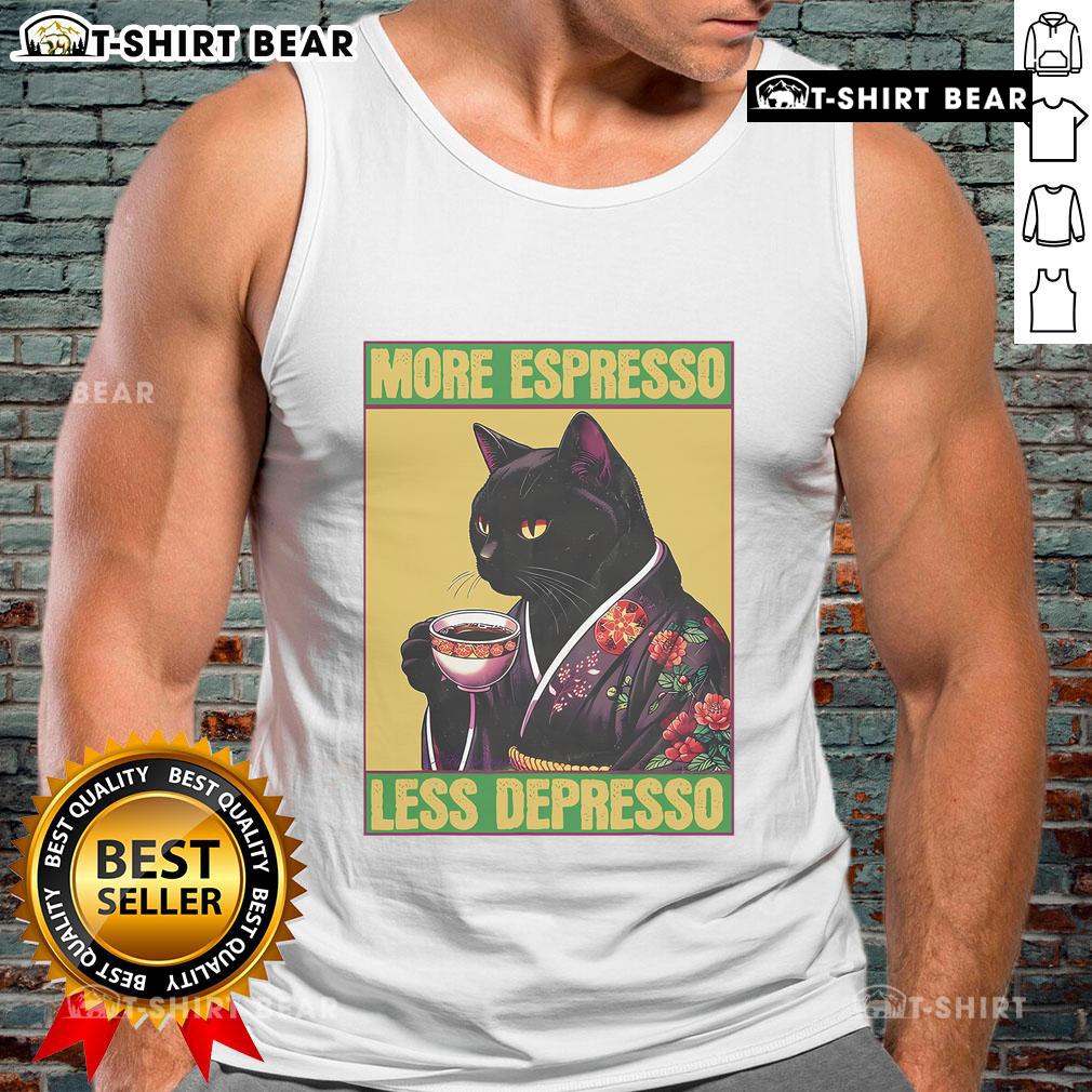 Cute cat graphic on a 'More Espresso Less Depresso' tank top, perfect for coffee lovers and casual wear.