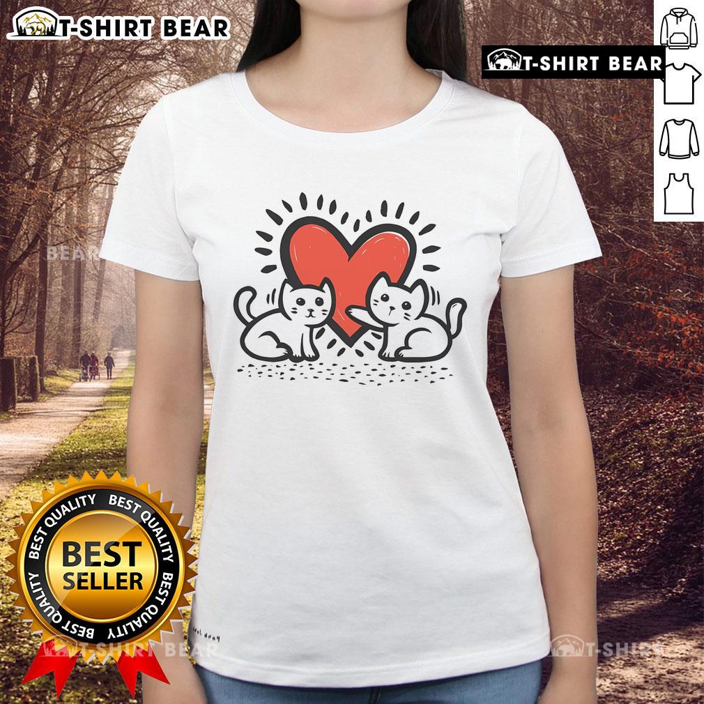 Alt Text: Cute cats doodle forming a heart on a Valentine's Day ladies tee, perfect gift for cat lovers.