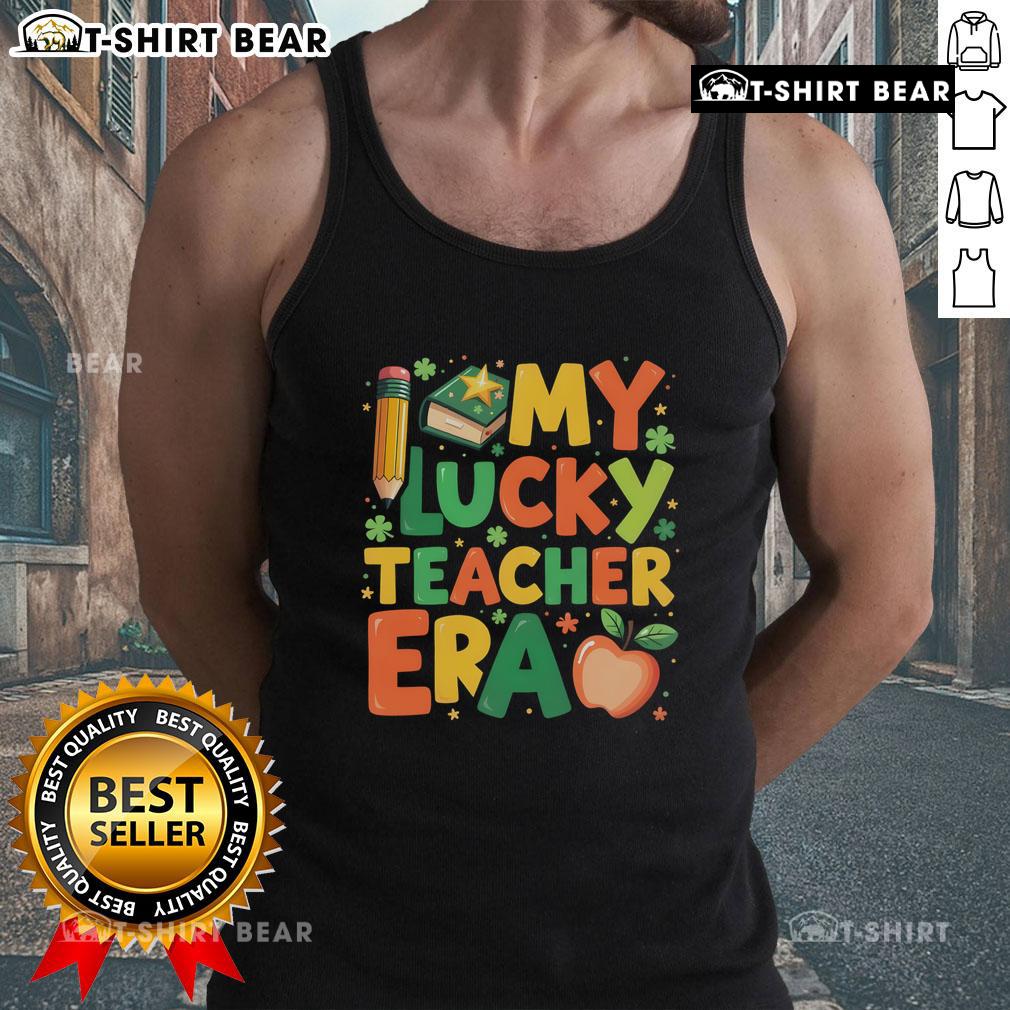 Pretty In My Lucky Teacher Era Retro St. Patrick's Day tank top in vibrant green with festive designs and playful typography.