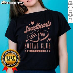 Alt Text: Pretty Sweethearts Social Club Love Land Xoxo Ladies Tee featuring a stylish design perfect for expressing love.