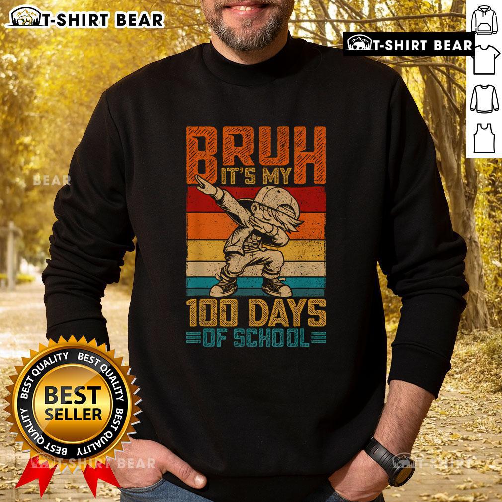 Boy wearing a 'Top Bruh It's My 100 Days of School' sweatshirt, celebrating the 100th day of school in style.