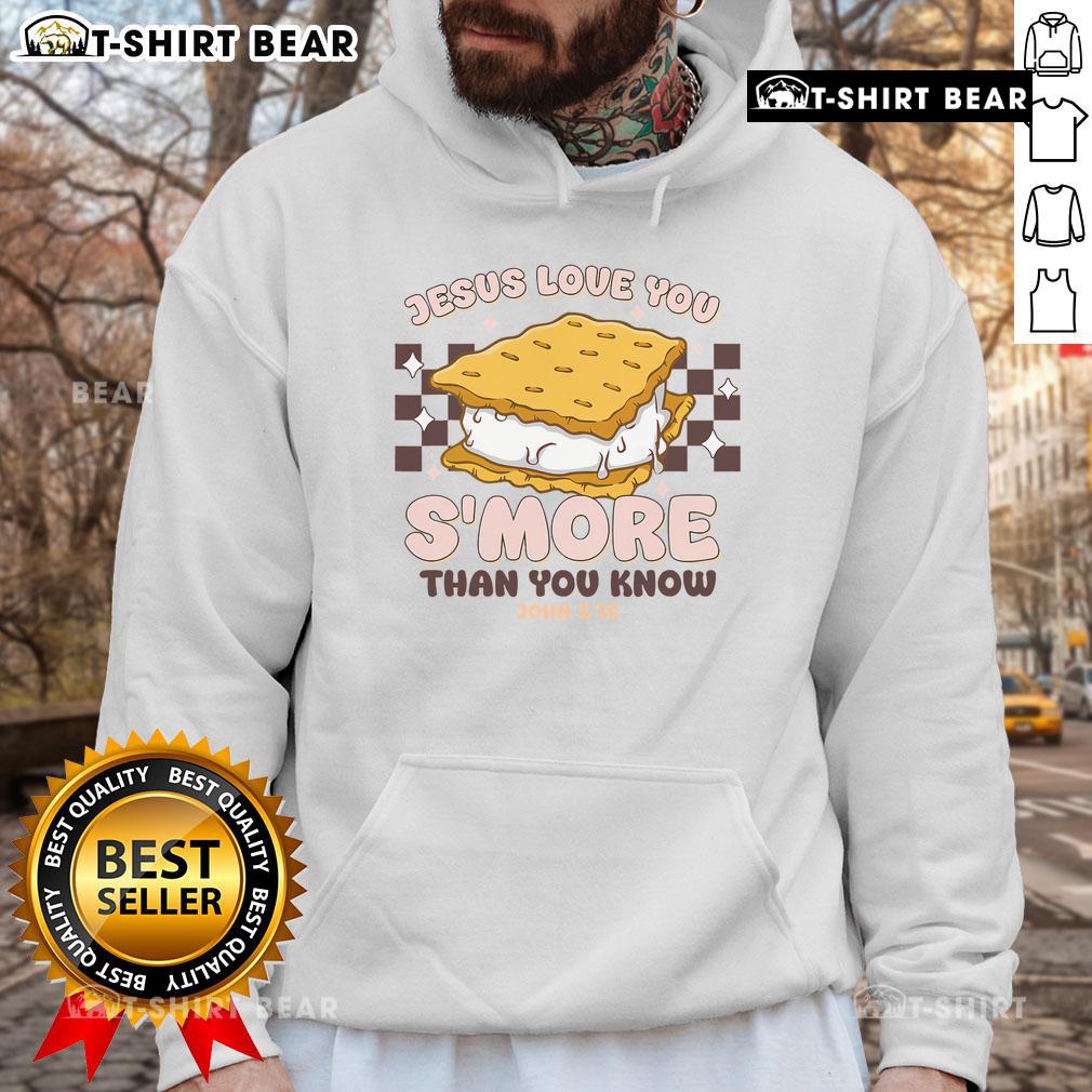 Cozy hoodie featuring 'Jesus Loves You' slogan, perfect for camping and outdoor adventures. Top Camping Smore design.