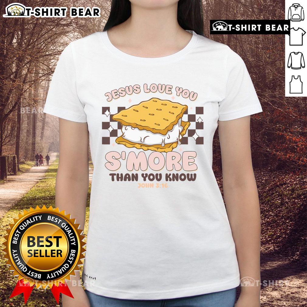 Top Camping S'more Jesus Loves You John Christian Ladies Tee with a fun graphic for outdoor enthusiasts and faith lovers.