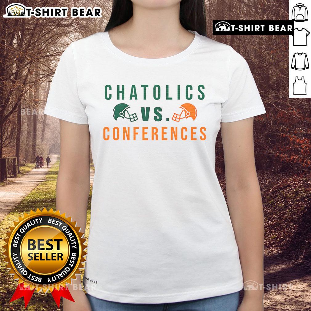Top Catholics vs Conferences ladies tee featuring vibrant design and comfortable fit for fans of Catholic events.