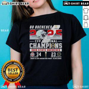 Ohio State Buckeyes vs Notre Dame Fighting Irish 2025 CFP National Champions ladies tee showcasing team pride.