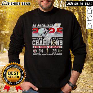 Ohio State Buckeyes vs Notre Dame Fighting Irish 2025 CFP National Champions sweatshirt featuring team logos and colors.