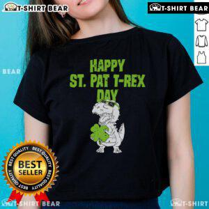 Top Happy St. Pat T-Rex Day Dino St. Patrick's Day ladies tee featuring a fun dinosaur design and festive colors.