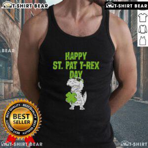Happy T-Rex in a St. Patrick's Day tank top, celebrating with festive green colors and cheerful vibes.