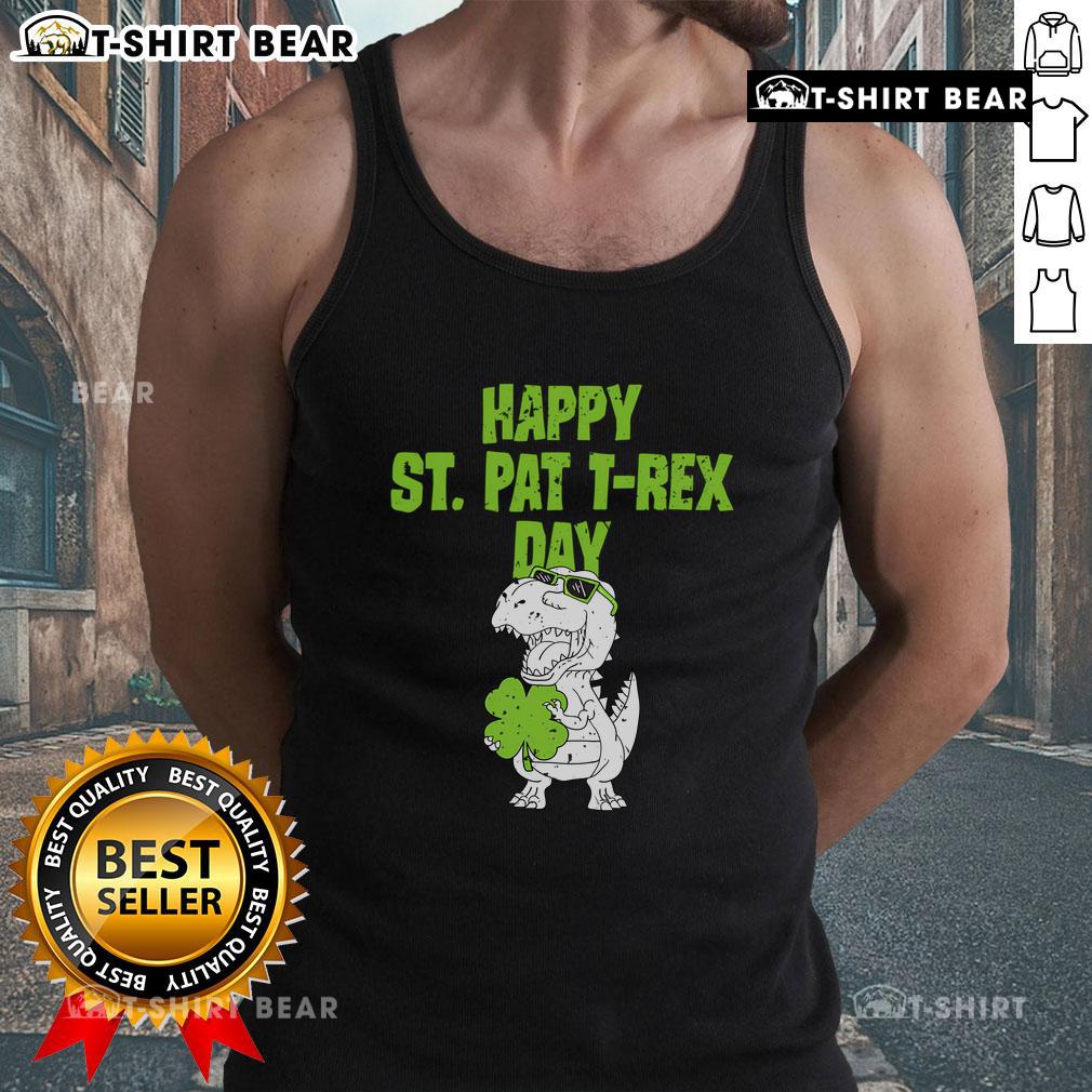 Happy T-Rex in a St. Patrick's Day tank top, celebrating with festive green colors and cheerful vibes.