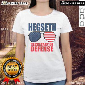 Top Hegseth Secretary of Defense sunglasses with MAGA support on a stylish ladies tee, perfect for Trump enthusiasts.