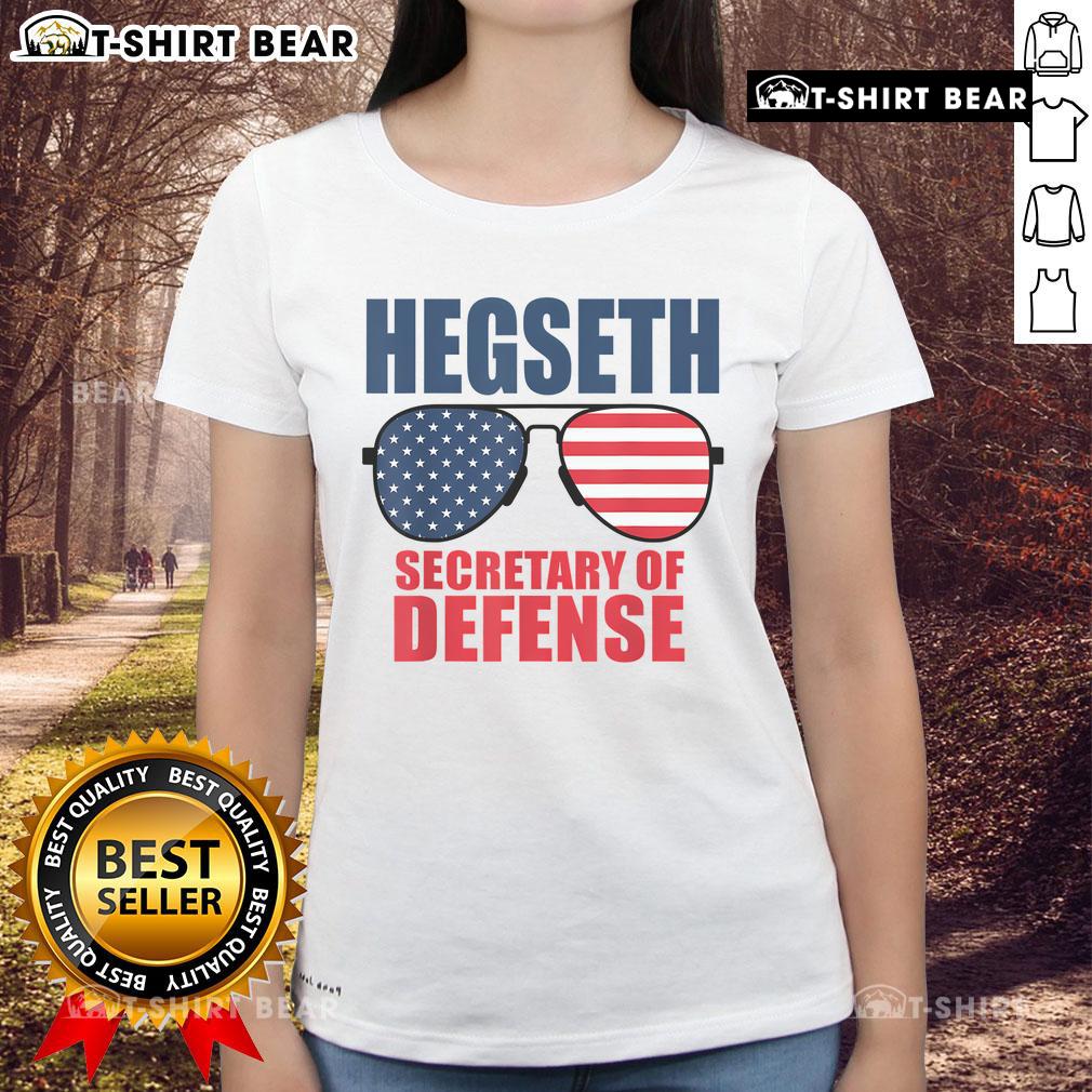 Top Hegseth Secretary of Defense sunglasses with MAGA support on a stylish ladies tee, perfect for Trump enthusiasts.
