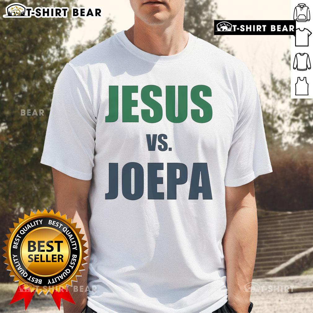 Top Jesus Vs Joepa T-Shirt featuring vibrant graphics and a bold design, perfect for fans of spirited debates and sports culture.